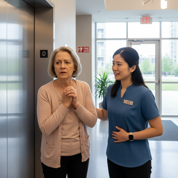 Ilustrace ženy trpící klaustrofobií před výtahem s psycholožkou, která jí pomáhá technikami zvládání úzkosti.