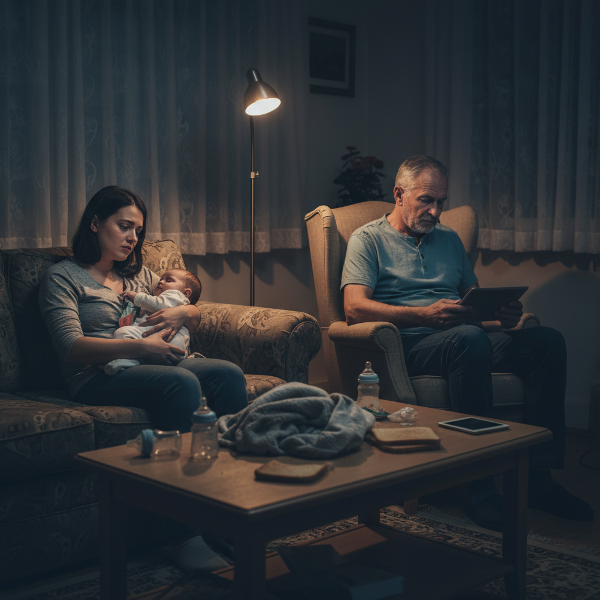 Vyčerpaná matka s miminkem v náručí, partner sedí zády u počítače, atmosféra odcizení a únavy