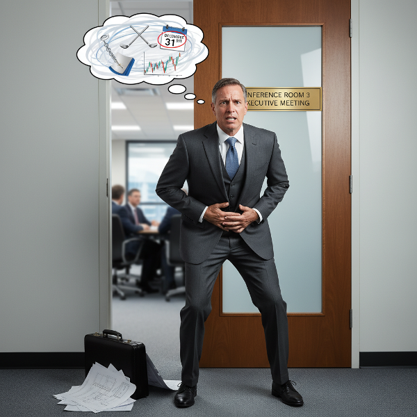 Muž před důchodem zažívá psychosomatické břišní křeče před pracovní prezentací, symbolizující stres z konce kariéry.