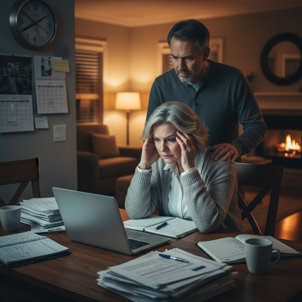 Ilustrace vyhoření: účetní v domácím prostředí neschopná odpojit se od práce, s manželem a příznaky stresu.