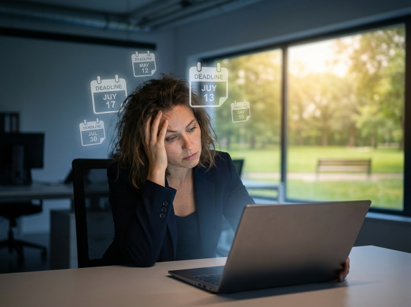 Ilustrace ženy v kanceláři vyčerpané prací, s vizuálními symboly stresu a náznakem cesty k uzdravení.