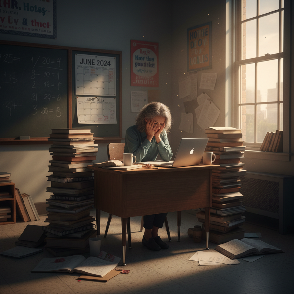 Unavená učitelka středního věku v přeplněné třídě, která cítí vyčerpání a vyhoření i po odpočinku.