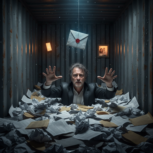 Muž se topí v moři papírů v kontejneru, symbolizující pocit přehlcení prací a únik od rodinného života.
