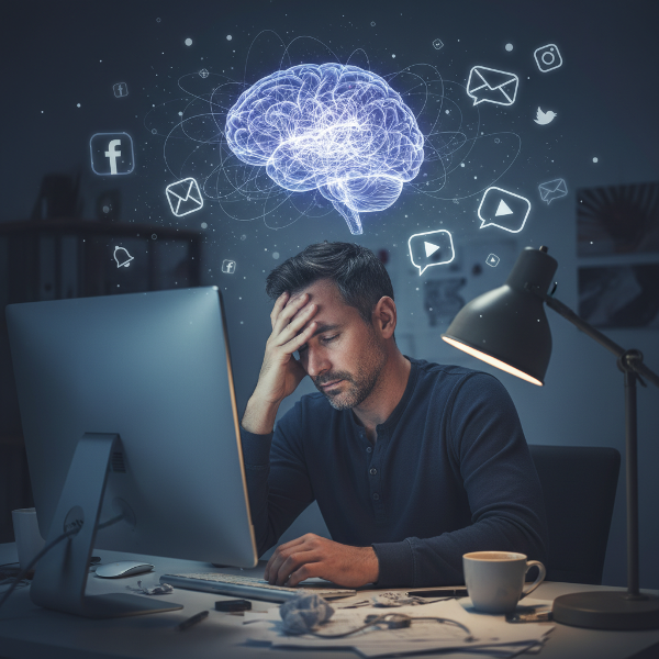 Muž v domácí kanceláři vyčerpaný od obrazovky, s vizualizací přetížené mysli a digitálních rozptýlení.