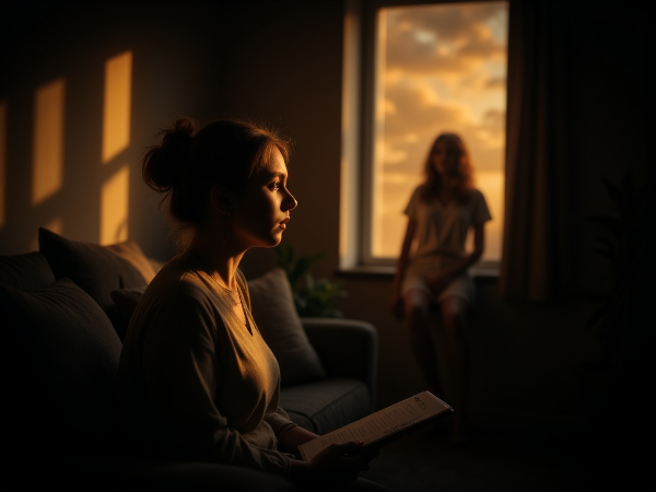 Ilustrace ženy, která se cítí vyčerpaná a odtažitá od svého partnera kvůli úzkosti a stresu, s náznakem naděje na obnovení blízkosti.