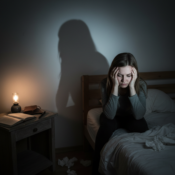 Ilustrace mladé ženy, která se cítí vyčerpaná a zpochybňovaná, s náznakem manipulativního vztahu a nástroji pro sebereflexi.