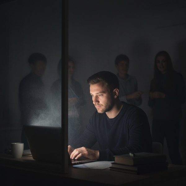 Osamělý introvertní muž v domácí kanceláři, oddělený od ostatních průhlednou bariérou, znázorňující emocionální izolaci a touhu po hlubším spojení.