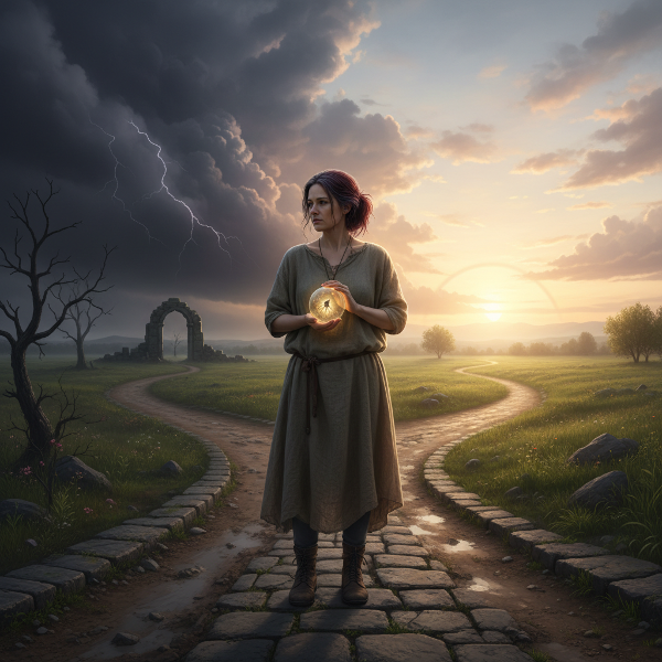 Žena na rozcestí mezi temnou minulostí a nadějnou budoucností, držící v rukou semínko sebepoznání.