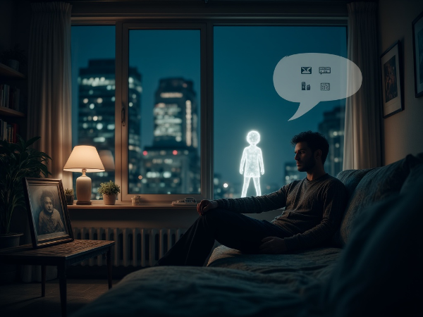 Muž pociťuje osamělost v moderním bytě, s náznakem traumatu z dětství a povrchní komunikace.