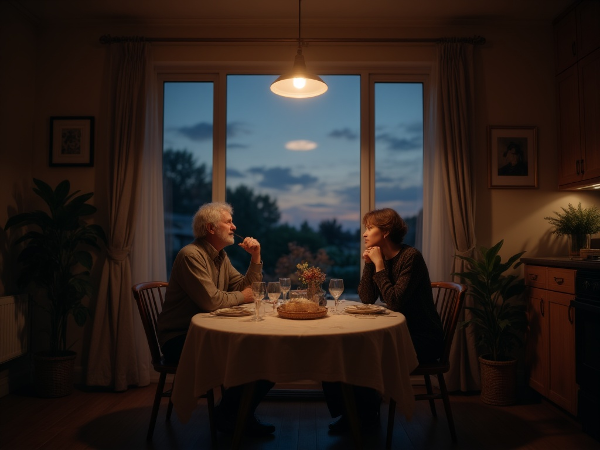 Muž středního věku sedí s manželkou u večeře v tichém, prázdném domě, hledí z okna do soumraku a cítí osamělost a ztrátu smyslu po odchodu dětí.