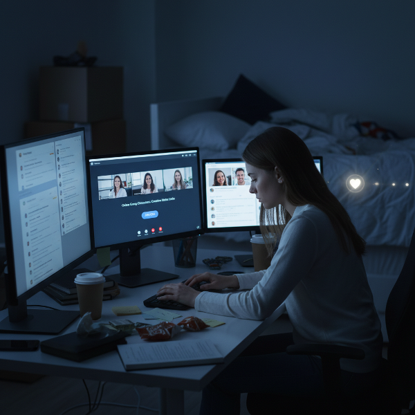 Žena pracující z domova se cítí osaměle uprostřed digitálních obrazovek, váhá připojit se k online diskusi, touží po skutečném spojení.