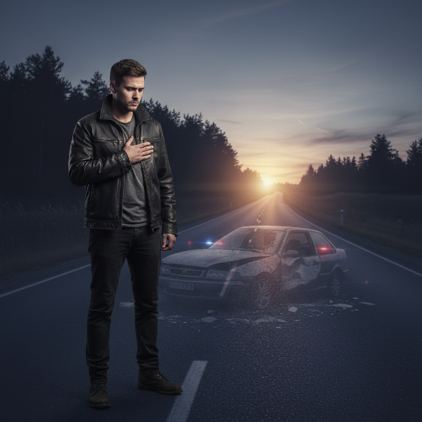 Muž prožívá úzkost u silnice, s jemným náznakem traumatické vzpomínky na nehodu v pozadí.