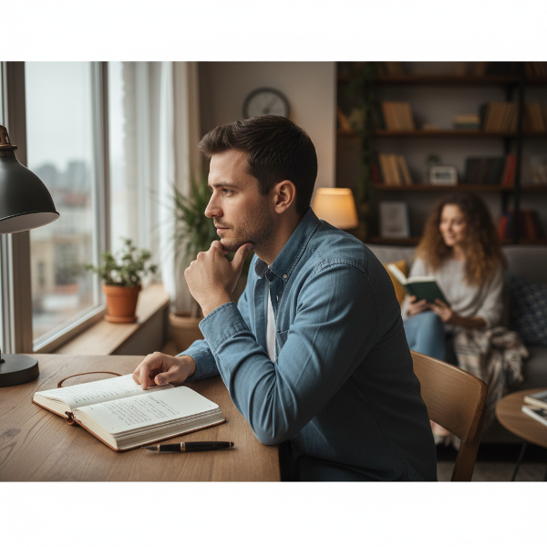 Mladý muž v klidném interiéru přemýšlí o smyslu práce a vztahu, vedle něj deník jako nástroj sebereflexe.