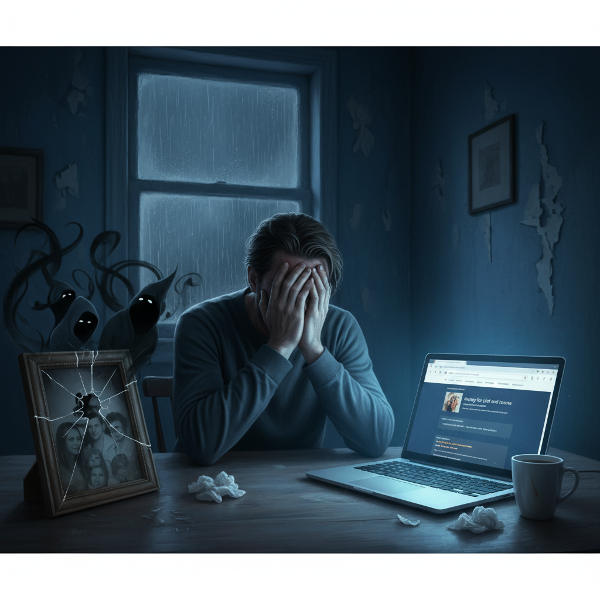 Muž v emocionálním zmatku po odhalení rodinného traumatu, s rozbitým rodinným portrétem a světlem naděje z počítače.