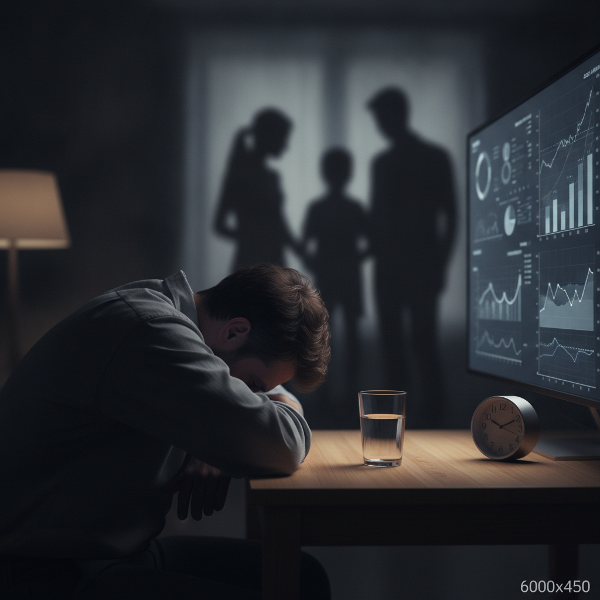 Ilustrace muže čelícího chronickému stresu a vyhoření z práce a rodinných vztahů.
