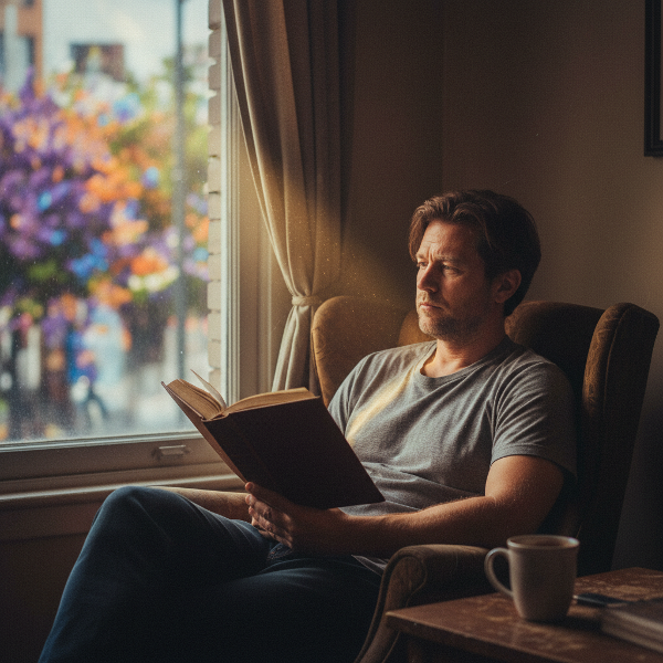 Muž ve středním věku pociťuje vyhoření a apatii, sedí osaměle v pokoji, zatímco svět venku se zdá živý, ale nedosažitelný.