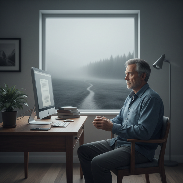 Muž v domácí kanceláři pociťuje prázdnotu a monotónnost každodenní rutiny, zatímco za oknem se rýsuje cesta ven z šedé mlhy.