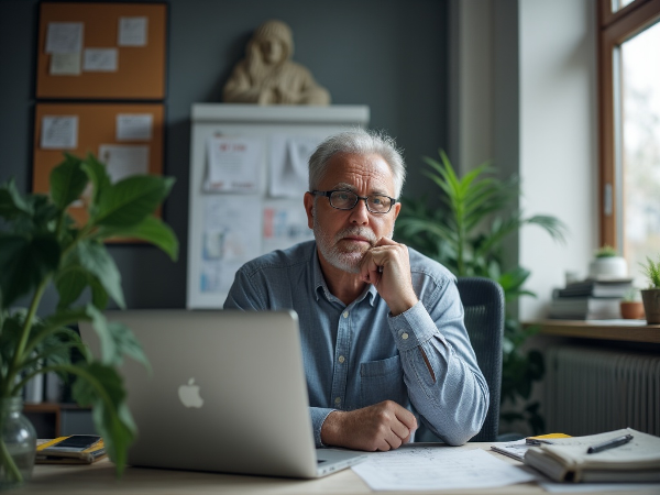 Muž středního věku v kancelářském prostředí, který se zhluboka nadechuje, aby zvládl úzkost před kolegy.