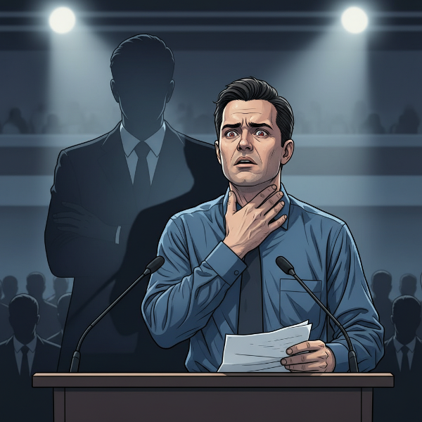 Muž zažívající psychosomatické potíže v krku při veřejném projevu, s narážkou na minulé trauma.