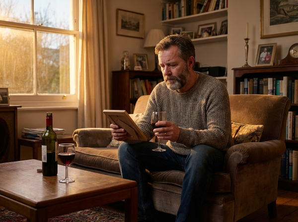 Muž středního věku zvažuje svůj vztah k alkoholu v domácím prostředí, symbolizující reflexi a obavy.