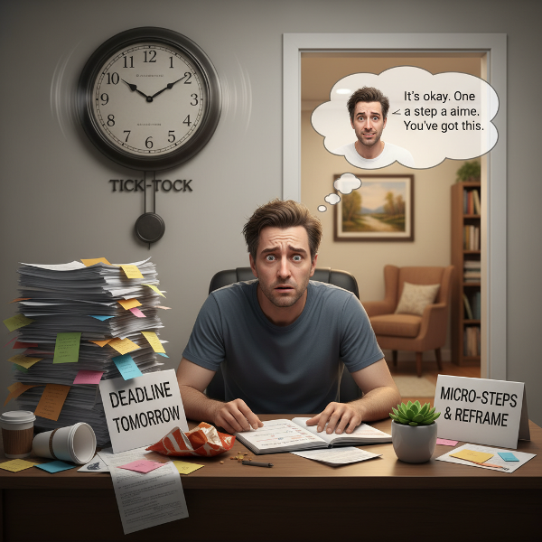Muž středního věku bojuje s prokrastinací u pracovního stolu, zatímco kolem něj symbolicky kontrastuje chaos a řád, znázorňující vnitřní konflikt a cesty k řešení.