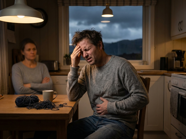 Muž pociťující psychosomatické bolesti hlavy a žaludku během partnerské hádky doma.