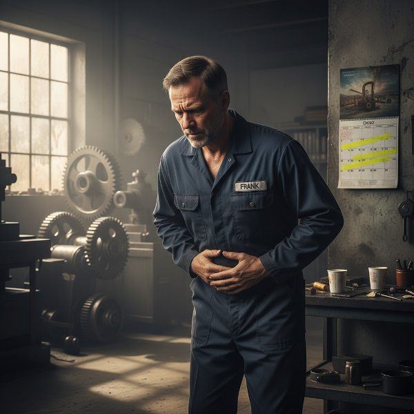 Muž v továrně přemýšlí o svém zdraví a stresu z práce.