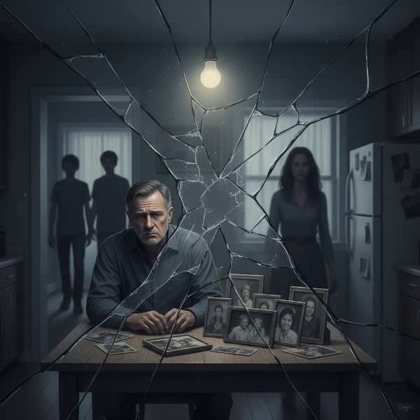 Ilustrace muže odděleného od rodiny neviditelnou bariérou v dusném domácím prostředí, znázorňující krizi komunikace a odcizení.