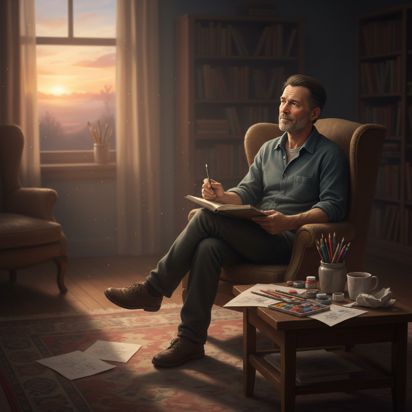 Muž v přechodu hledá novou rovnováhu a smysl skrze kreativitu a sebepoznání.