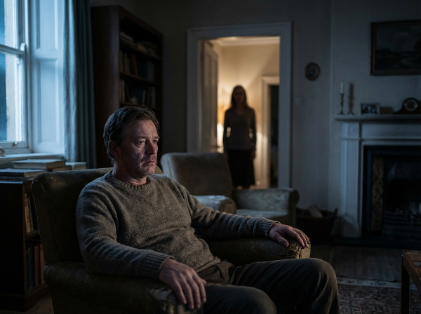 Muž sedí sám v obývacím pokoji, zatímco jeho manželka je v jiné místnosti, což znázorňuje emocionální vzdálenost a osamělost v dlouhodobém manželství.