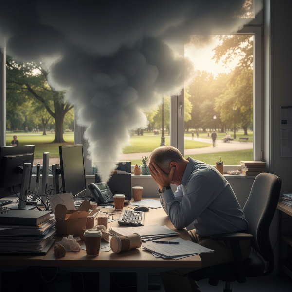 Muž v kanceláři pod tlakem stresu, s vizuálním kontrastem mezi toxickým pracovištěm a klidnou přírodou venku.