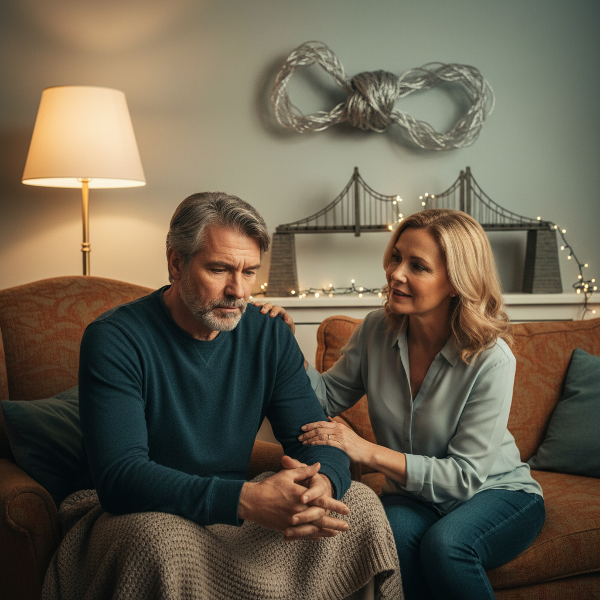 Muž středního věku v domácím prostředí přemýšlí o intimitě ve vztahu, s náznakem psychologické podpory a naděje na zlepšení.