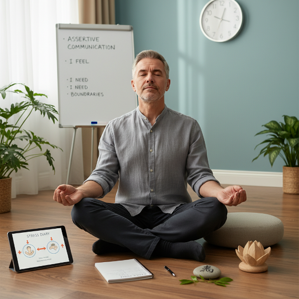Muž středního věku hledající klid a kontrolu nad svým hněvem, obklopený symboly mindfulness a relaxace.