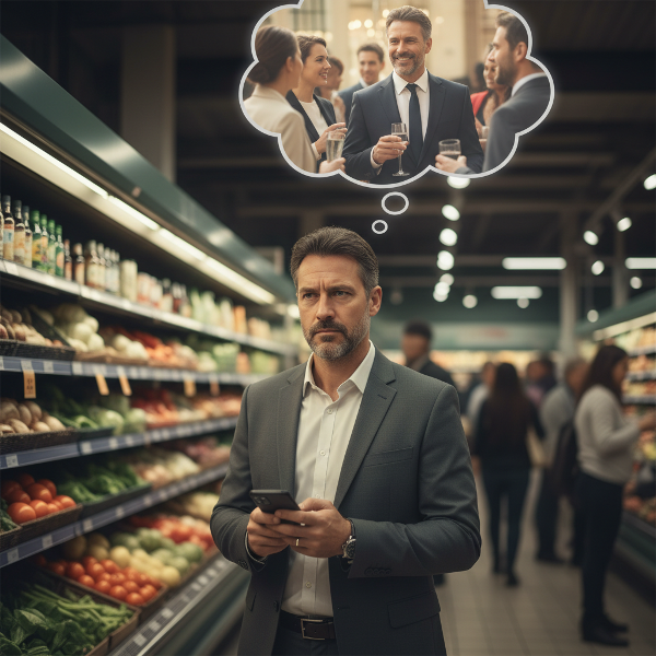 Ilustrace muže středního věku prožívajícího sociální úzkost v běžné situaci, s vizuálním znázorněním vnitřního konfliktu a naděje na zvládnutí.