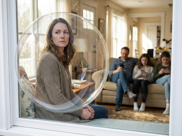 Ilustrace ženy cítící se osaměle uprostřed rodiny, znázorňující emocionální odcizení v dlouhodobém vztahu.