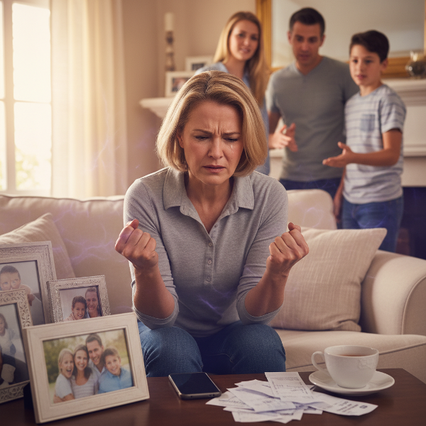 Ilustrace ženy ve středním věku, která prožívá vnitřní napětí a návaly hněvu v domácím prostředí, zatímco se snaží najít klid a rovnováhu.