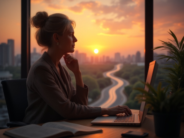 Žena v kanceláři přemýšlí o nové kariéře, zatímco se dívá na cestu vedoucí k východu slunce.