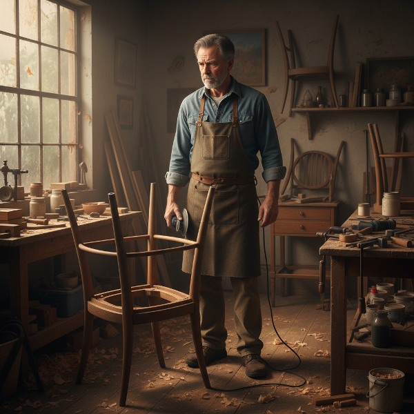 Muž v dílně s restaurovaným nábytkem, pociťující napětí a pochybnosti o své nové kariérní změně.