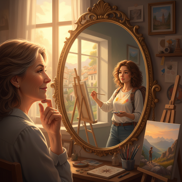 Žena středního věku hledí do zrcadla, kde vidí odraz své mladší, tvořivé a svobodnější verze, v teplém světle symbolizujícím naději a objevování nových možností.