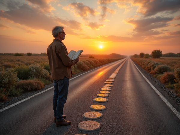 Muž středního věku na rozcestí mezi minulostí plnou promarněných příležitostí a novou cestou k sebevědomí, symbolizovanou malými kroky a deníkem úspěchů.