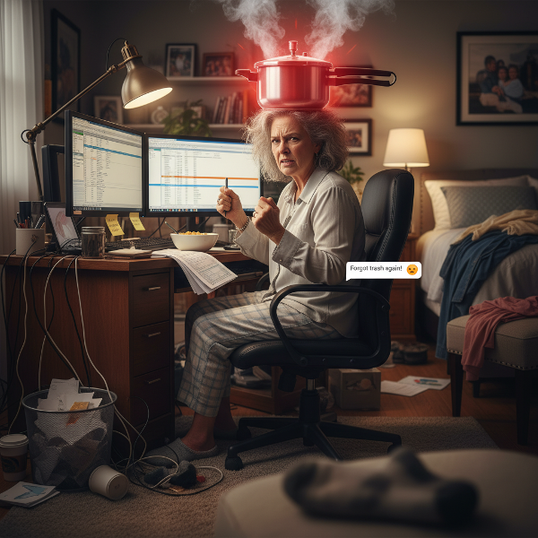 Žena v domácí kanceláři cítící přetížení a frustraci, s vizuální metaforou tlakového hrnce symbolizujícího nahromaděný stres.