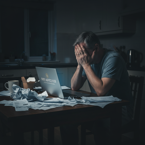 Muž v kuchyni v noci, zahlcený účty a papíry, s náznakem pomoci na obrazovce notebooku.