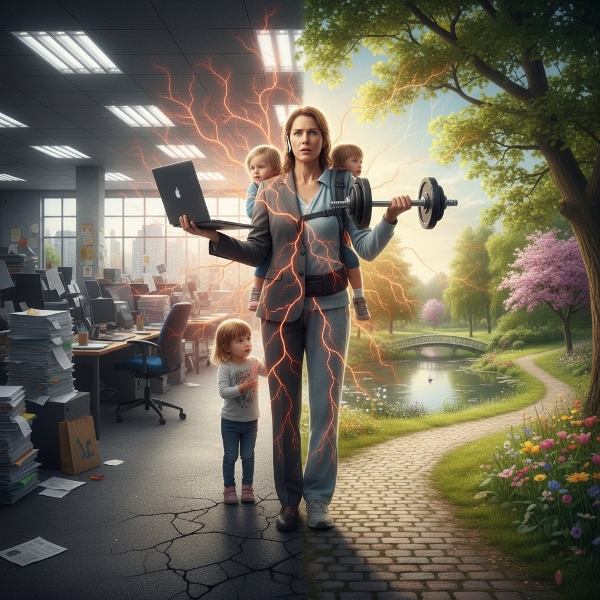 Ilustrace ženy přetížené prací, sportem a rodinnými povinnostmi, s psychosomatickými příznaky stresu.