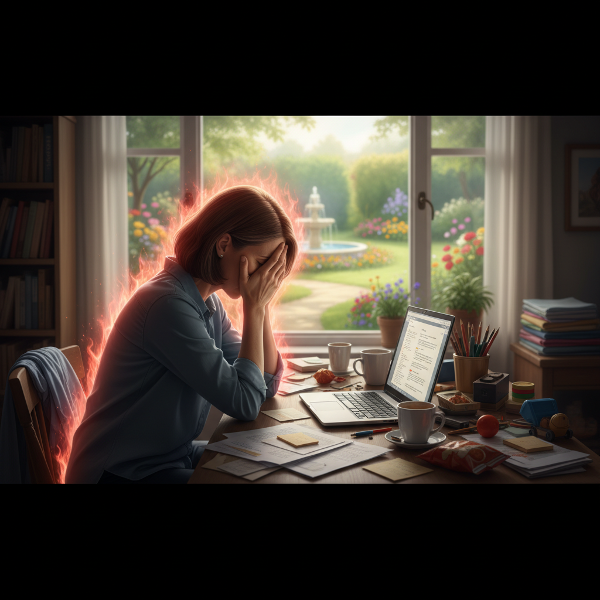 Ilustrace ženy pracující z domova, která je přetížená a cítí frustraci, zatímco kolem ní je nepořádek. Obraz znázorňuje napětí mezi pracovním a osobním životem a touhu po klidu.