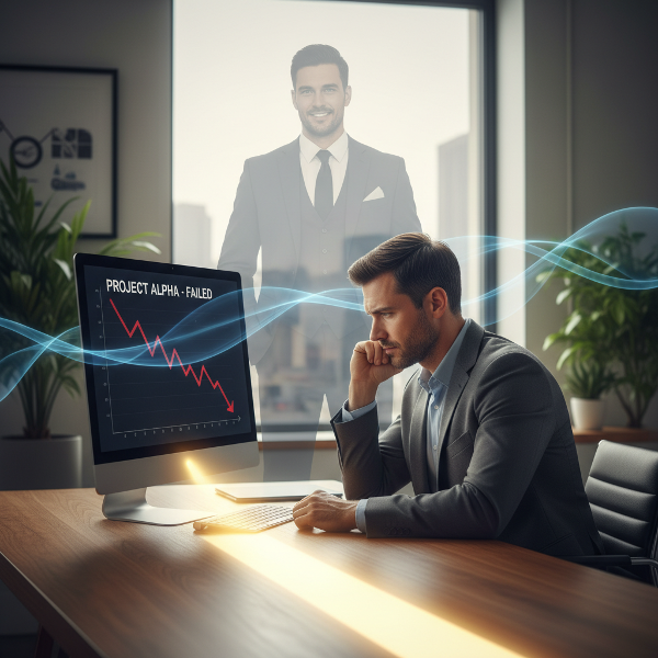 Muž v kanceláři zvažuje neúspěch projektu, s vizualizací vnitřního konfliktu a naděje na postup vpřed.