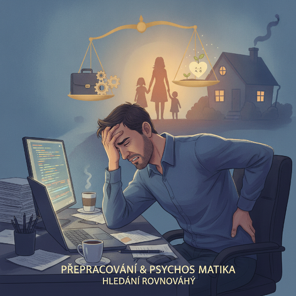 Muž u počítače s bolestí hlavy a zad, vedle něj rodina a dům, symbolizující stres a hledání rovnováhy mezi prací a životem.