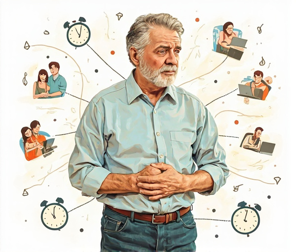 Symbolická ilustrace muže, jehož žaludek je propojen s myslí, obklopený symboly stresu a rodinných povinností.