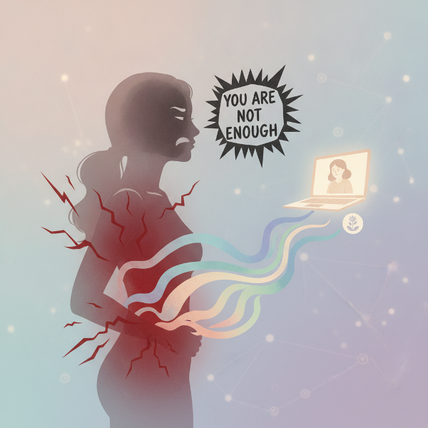 Ilustrace ženy s napětím v břiše a ramenou, vnitřní kritický hlas a cesta k uzdravení, v jemných barvách, symbolika psychosomatiky a online terapie.