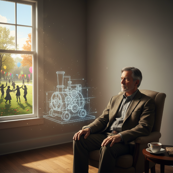 Důchodce v obývacím pokoji pociťuje prázdnotu po ukončení kariéry, s náznakem minulosti a možností nového začátku.