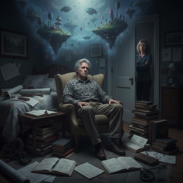 Unavený důchodce uprostřed noci obklopený deníky snů, zatímco jeho manželka se s obavami dívá z dveří. Nad ním se vznáší surreálný snový svět.